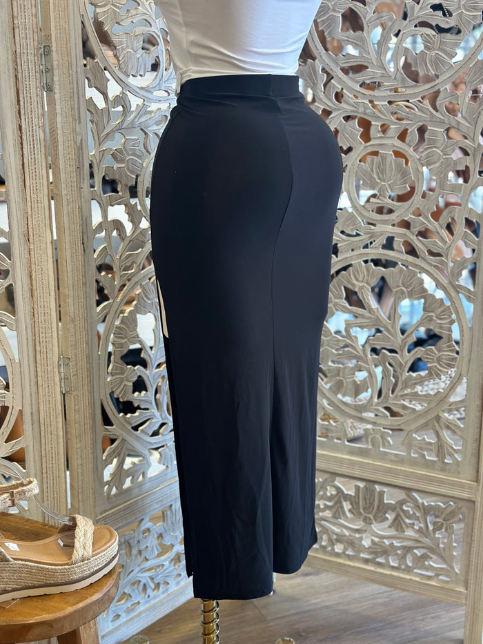 High Slit Black Midi Skirt- Stretchy
