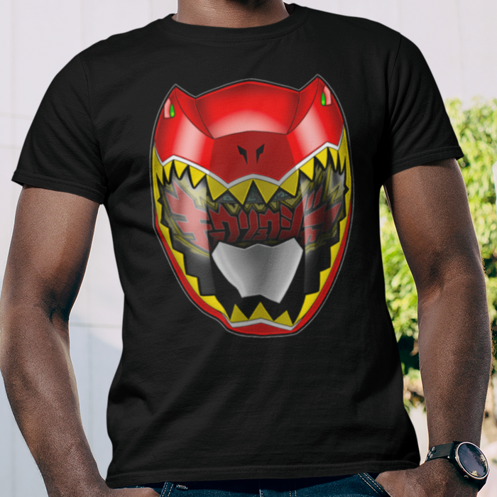 Super Sentai Inspired Kyoryuger T shirt featuring Red ranger helmet with logo reflecting in the visor