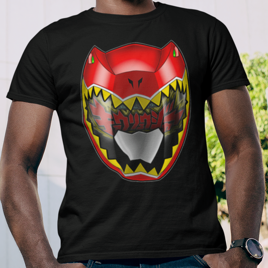 Super Sentai Inspired Kyoryuger T shirt featuring Red ranger helmet with logo reflecting in the visor