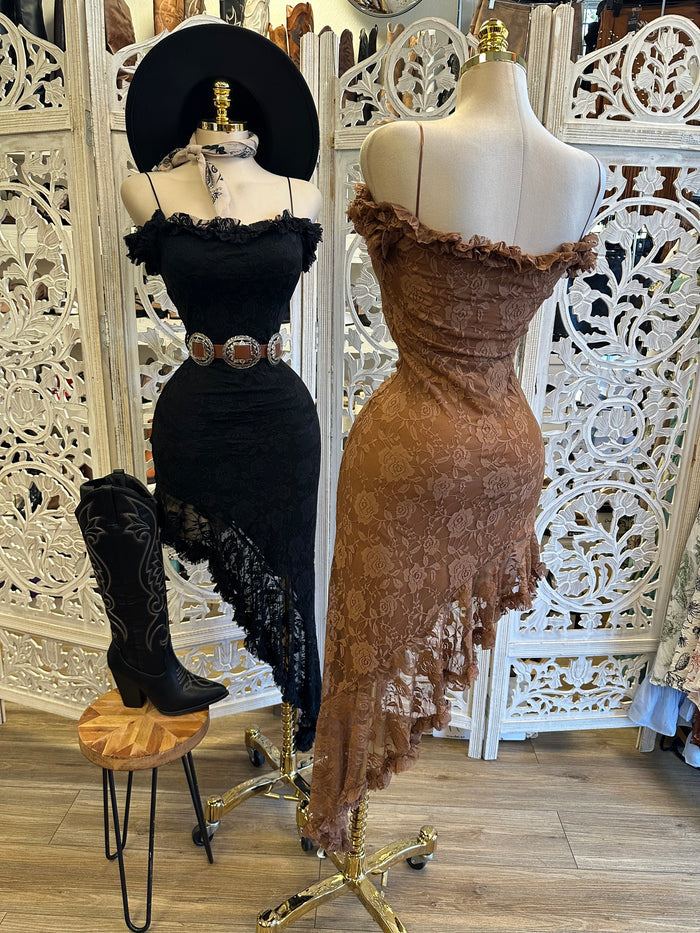Lace Ruffle Off Shoulder Dress- Estira, Stretchy