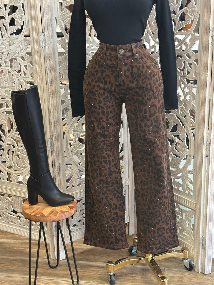 Leopard Brown Wide Leg Jeans - Not Stretchy, No Estira