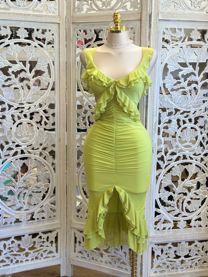 Lime Green Ruched Midi Dress-Estira, Stretchy
