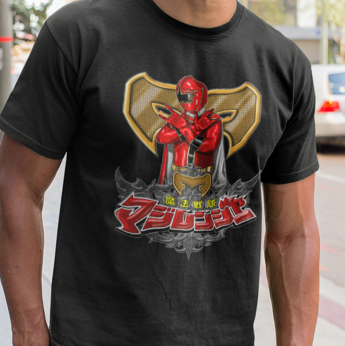 Super Sentai Inspired Magiranger T shirt featuring Red ranger posing above logo