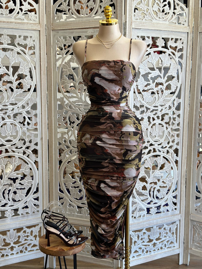 Marble Pattern Mesh Midi Dress - Estira, Stretchy