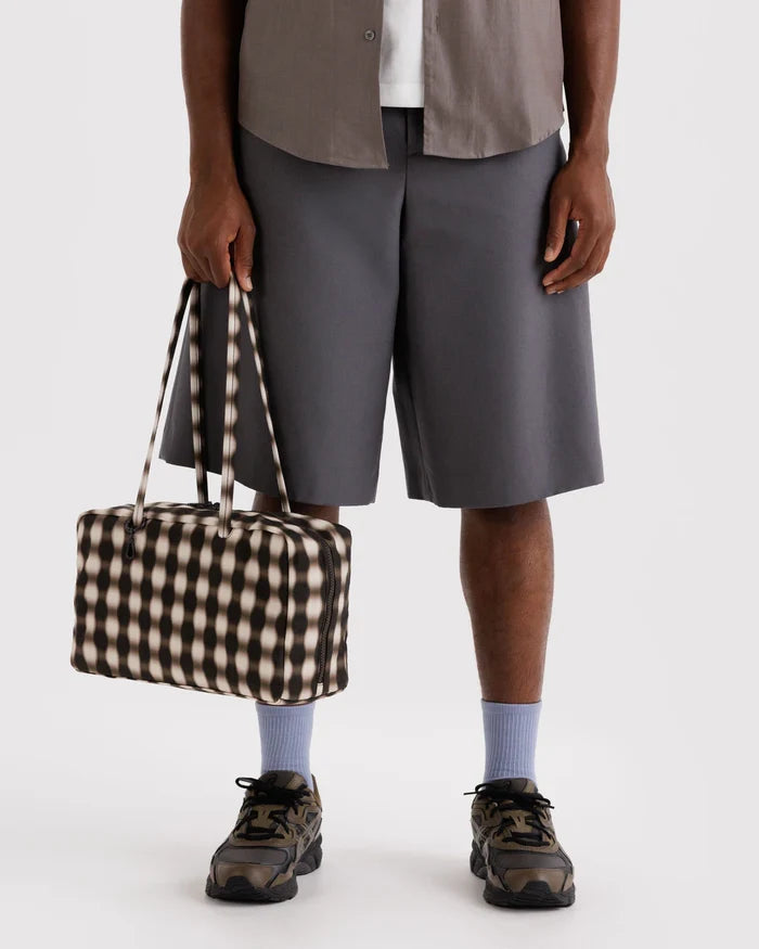MEDIUM NYLON BOWLER BAG - BLURRED GINGHAM BROWN