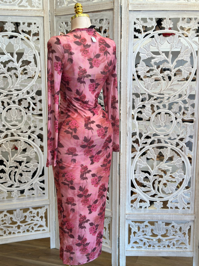 Mesh Long Sleeve Midi Floral Dress - Estira, Stretchy