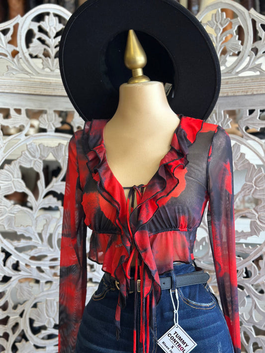 Mesh Red Floral Blouse - Estira, Stretchy
