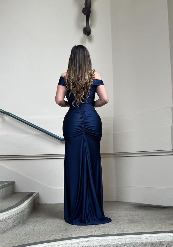 Midnight Blue Heartline Ruched Gown- Slightly Stretchy, Estira
