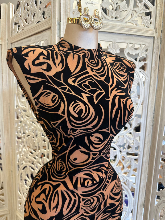 Mock Neck Rose Pattern Maxi Dress - Estira, Stretchy