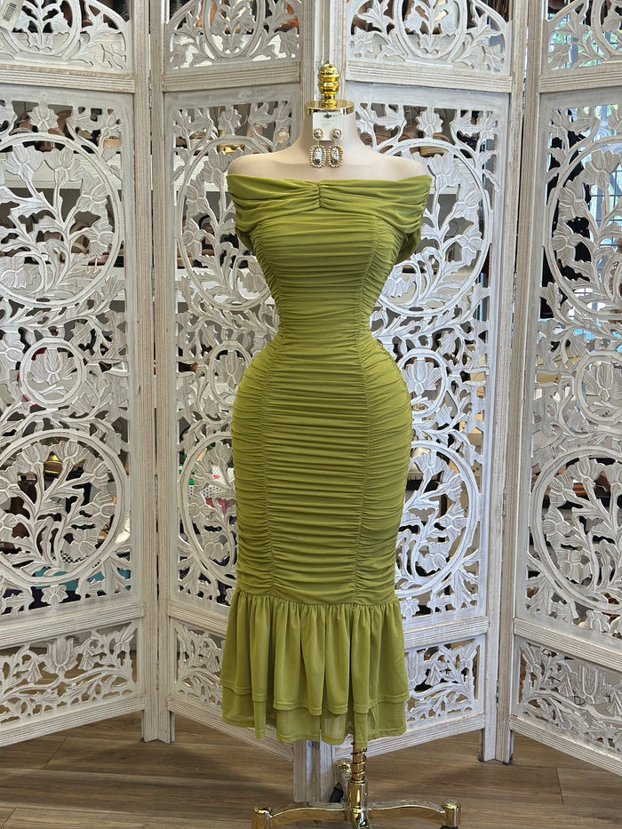 Mystic Green Ruched Midi Dress - Estira, Stretchy