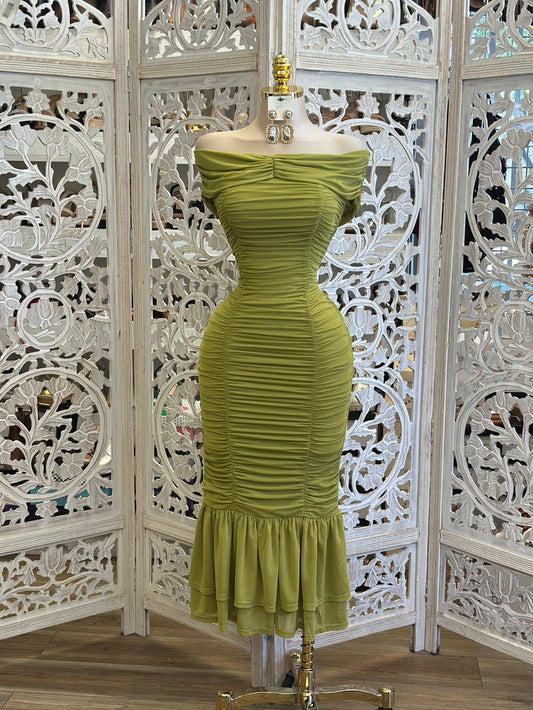 Mystic Green Ruched Midi Dress - Estira, Stretchy