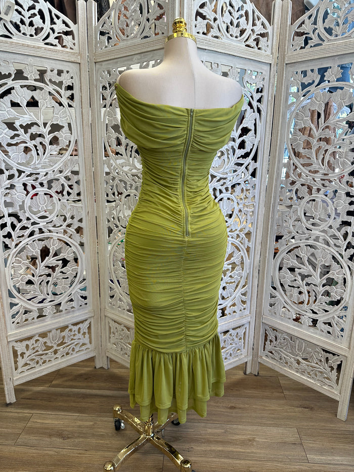 Mystic Green Ruched Midi Dress - Estira, Stretchy