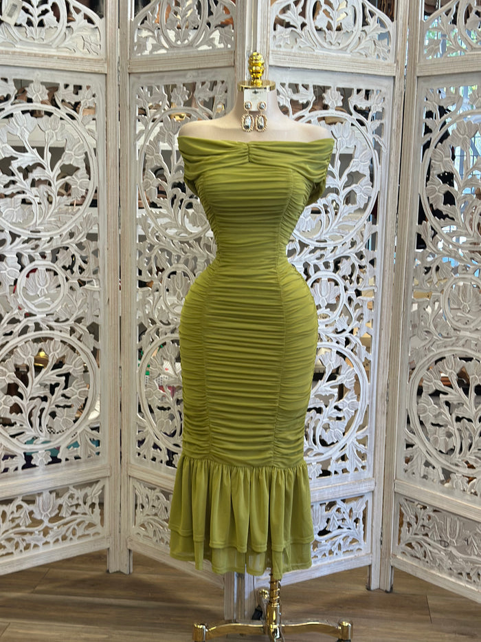 Mystic Green Ruched Midi Dress - Estira, Stretchy