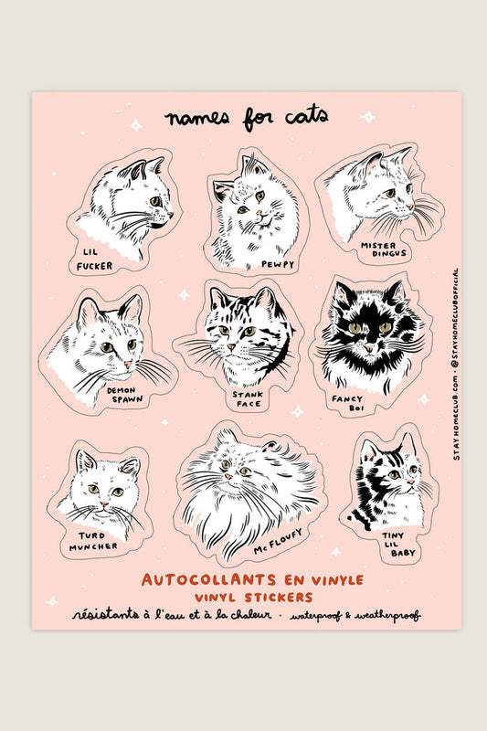 Sticker sheet featuring cats with funny names