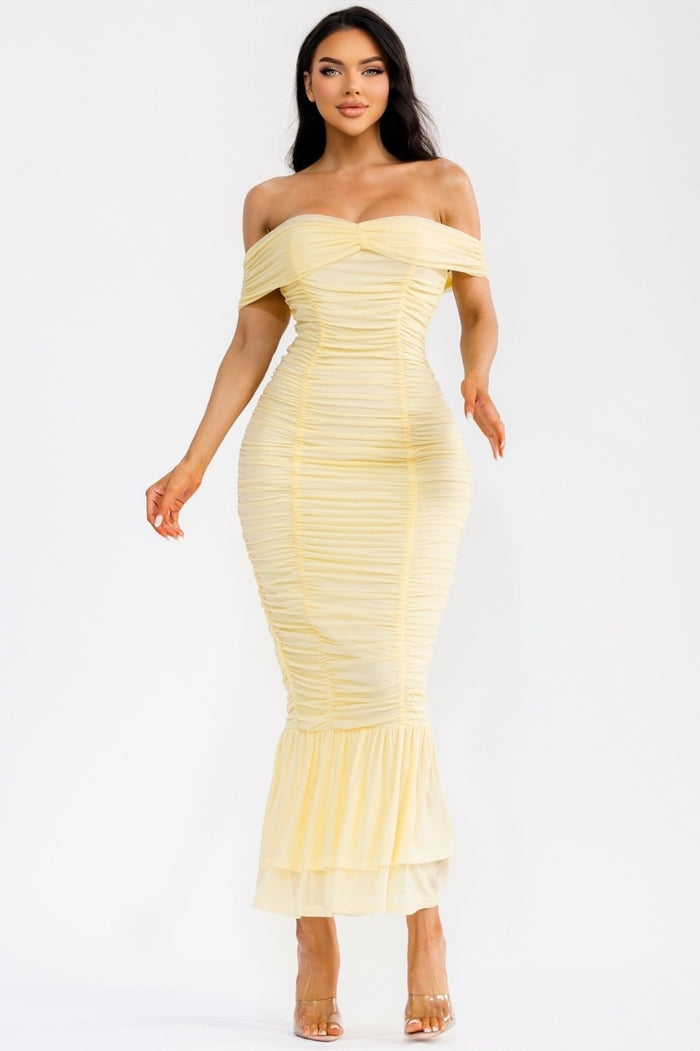 Off Shoulder Ruched Trim Dress- Estira, Stretchy