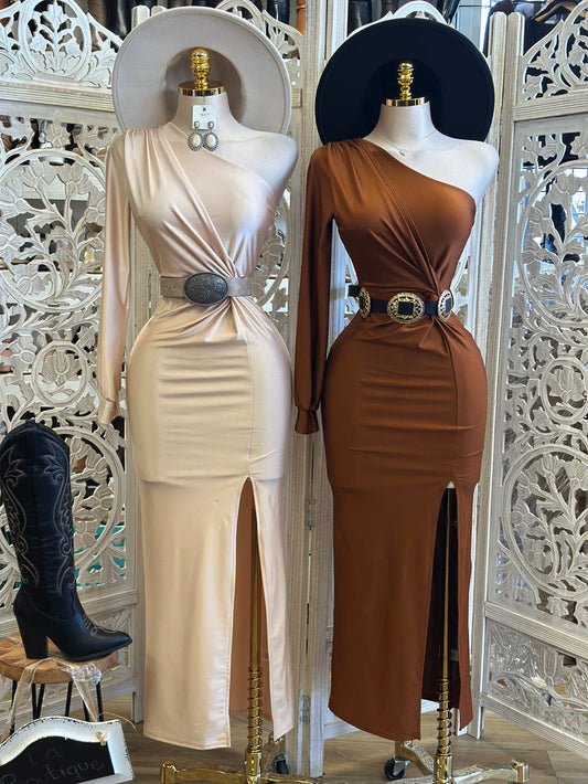 One Sleeve Knotted Midi Dress - Estira, Stretchy