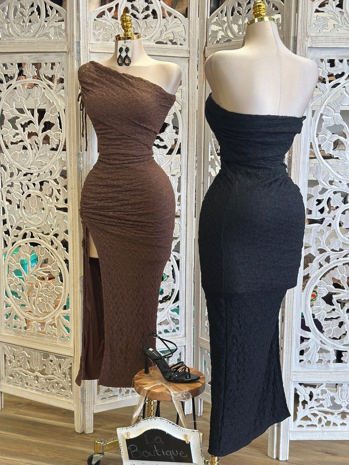 One Sleeve Lace Slit Dress- Stretchy,Estira