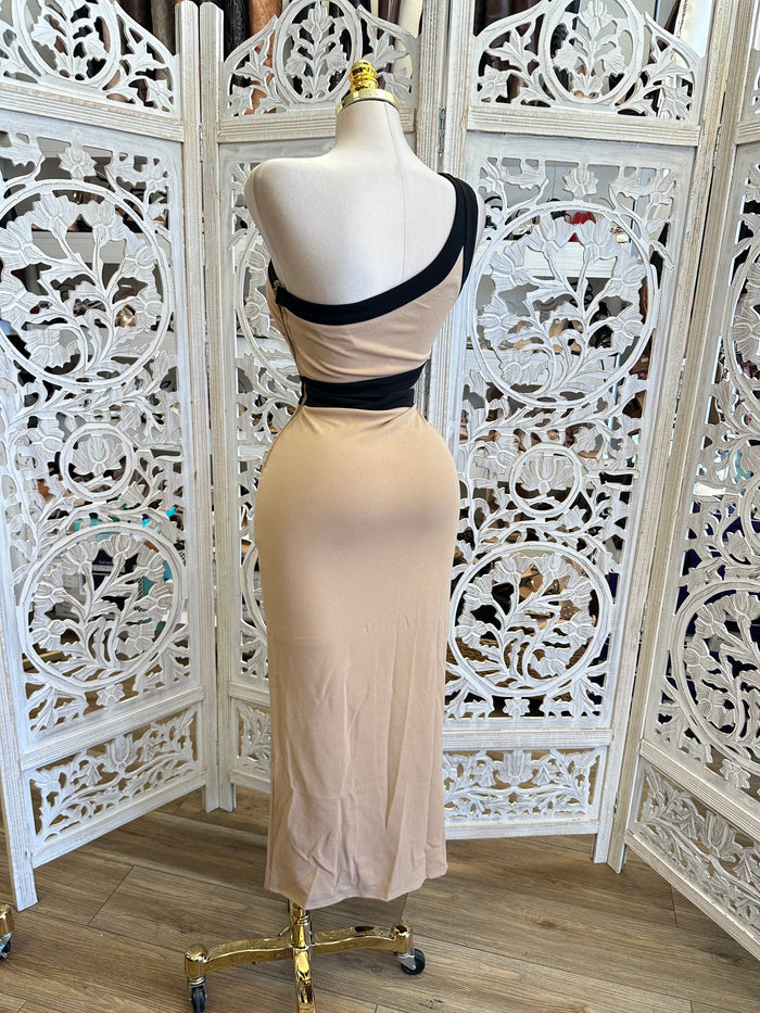 One Sleeve Nude Cutout Dress - Estira, Stretchy