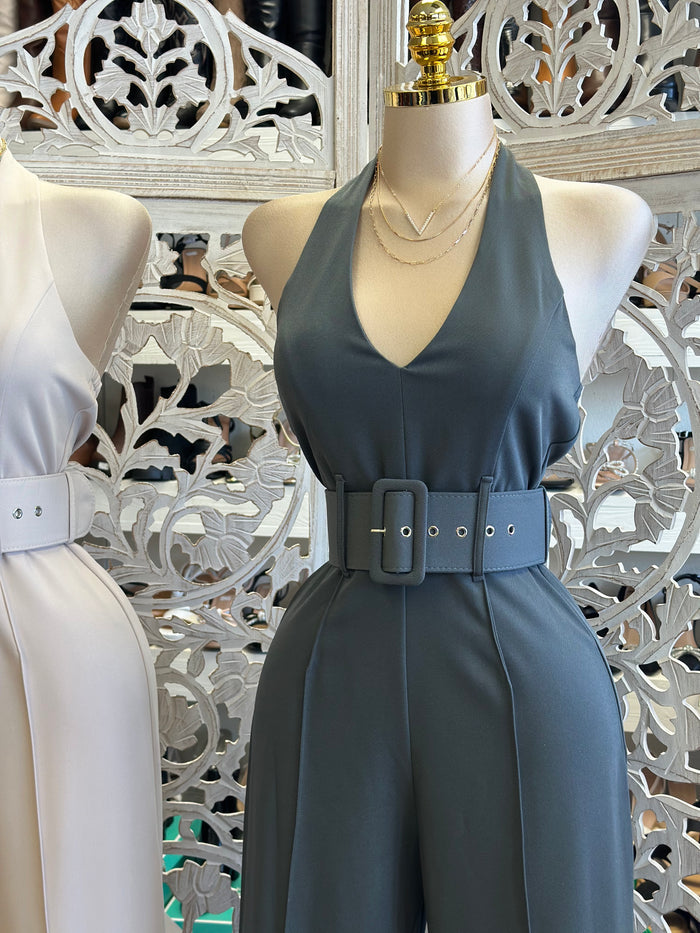 Open Back  Belt Pastel Jumpsuit- Not Stretchy, No Estira