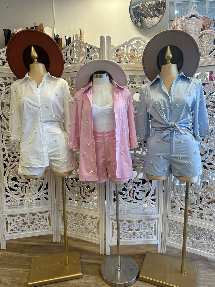 Pearl Detail Button Up Set- Slightly Stretchy
