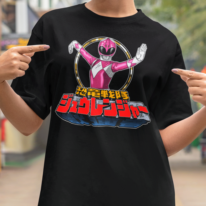 Super Sentai Inspired Zyuranger T shirt featuring pink ranger posing above logo