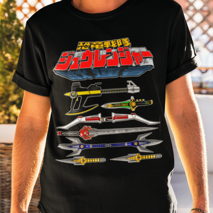 Super Sentai Inspired Zyuranger / power rangers T shirt featuring the teams weapons under logo
