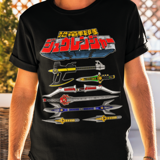 Super Sentai Inspired Zyuranger / power rangers T shirt featuring the teams weapons under logo