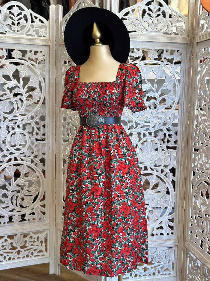 Red Floral Square Neck Dress- Stretchy