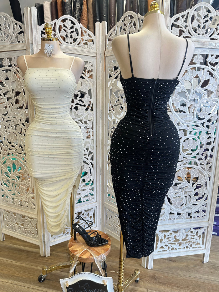 Rhinestone Cami Ruched Dress- Stretchy,Estira