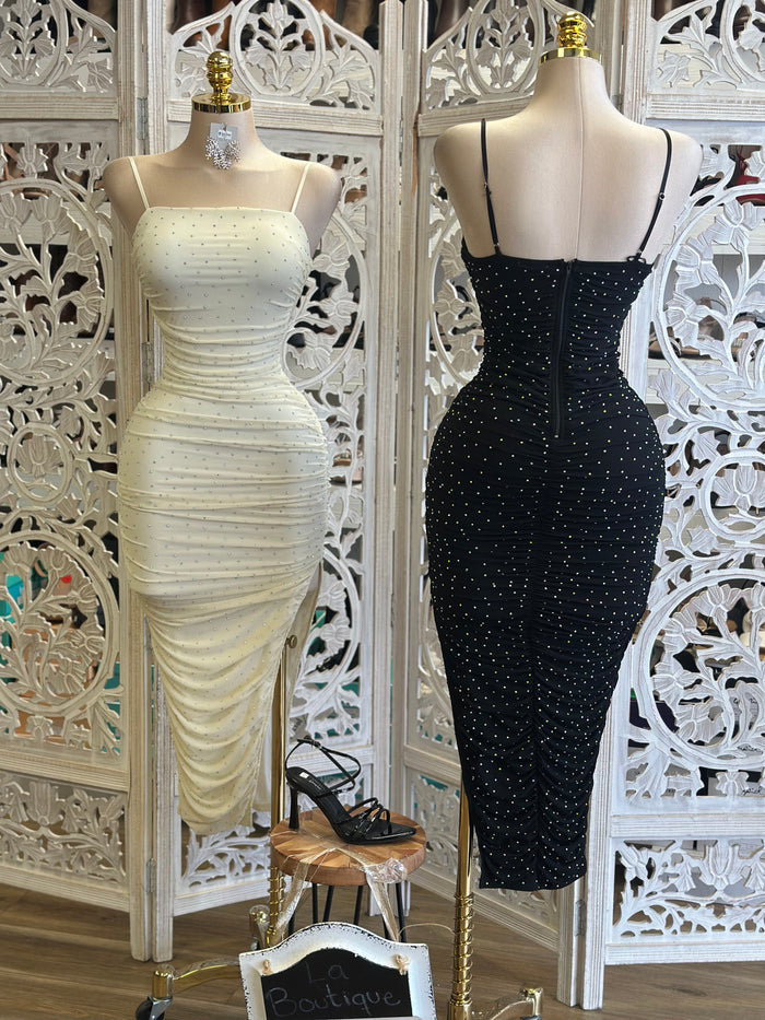 Rhinestone Cami Ruched Dress- Stretchy,Estira