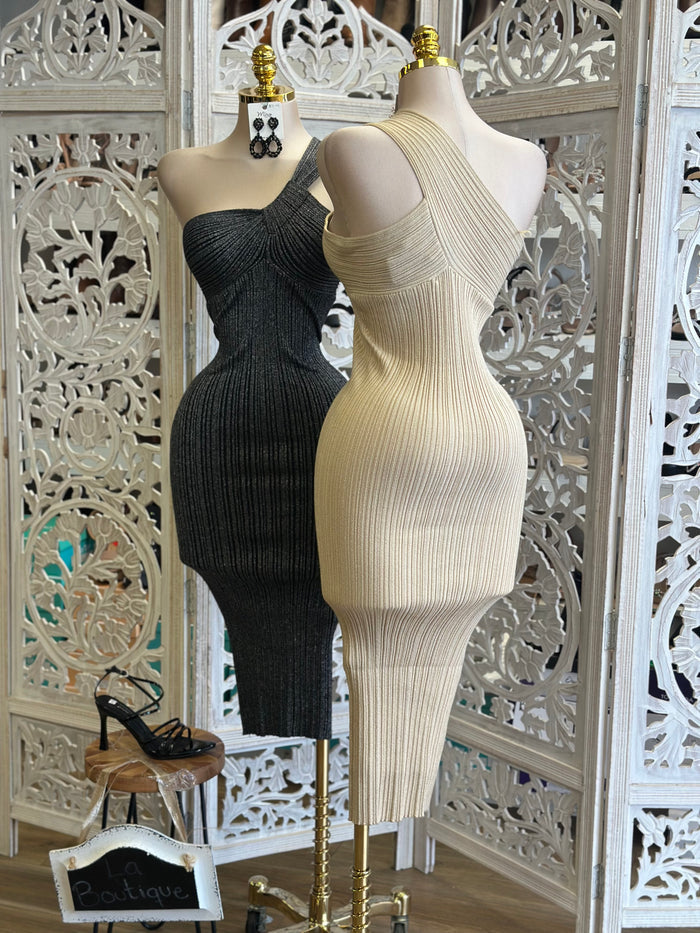 Ribbed One Sleeve Dress- Stretchy,Estira