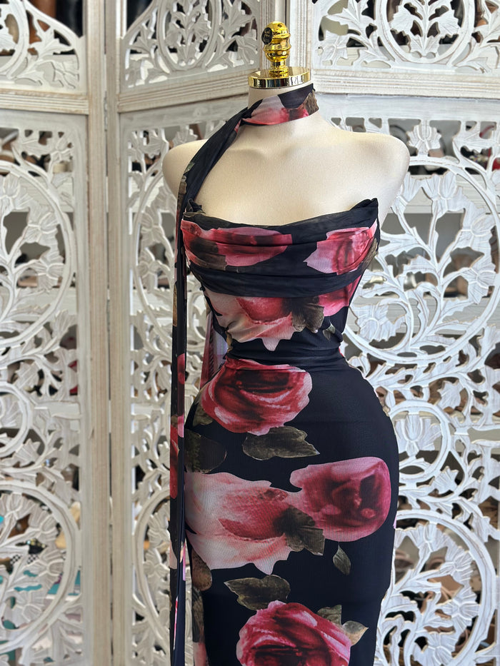 Rose Petal Strapless Scarf Midi Dress - Estira, Stretchy