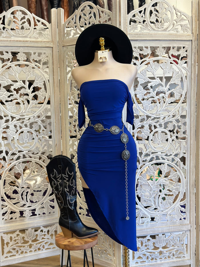 Royal Blue Off Shoulder Midi Slit Dress - Estira, Stretchy