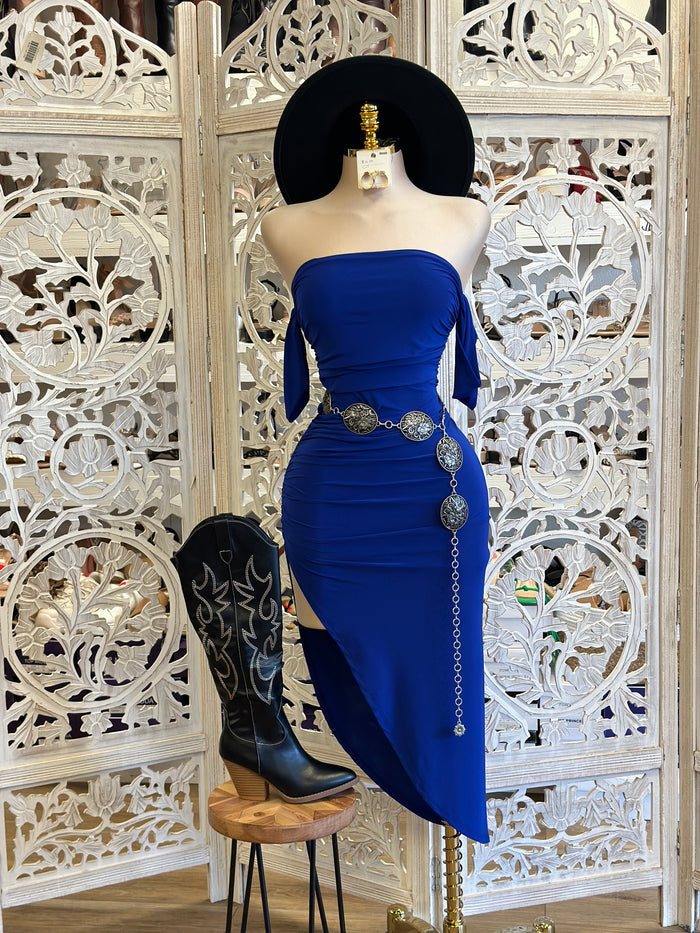 Royal Blue Off Shoulder Midi Slit Dress - Estira, Stretchy