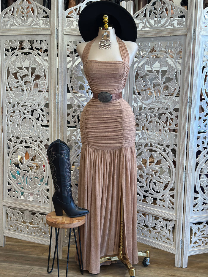 Ruched Tie Back Maxi Dress - Estira, Stretchy