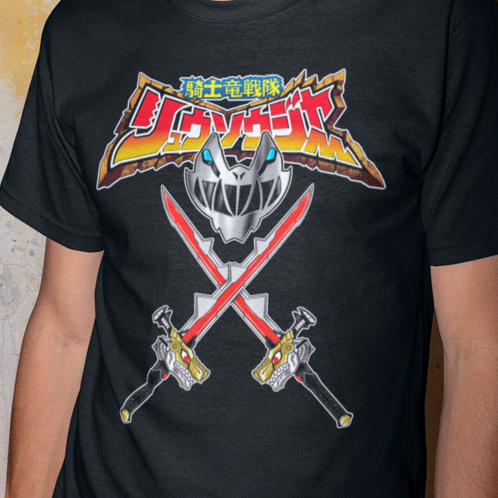 Super Sentai Inspired Ryusoulger T shirt featuring Red ranger helmet and swords in front of logo