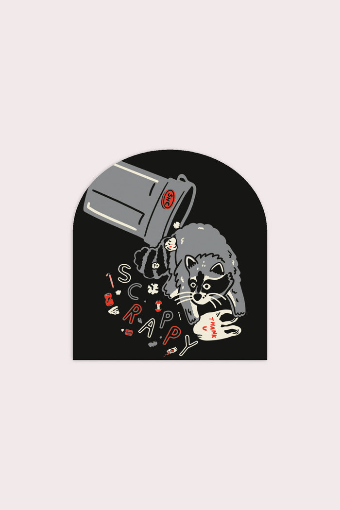 Sticker featuring a raccoon rummaging through trash with the word "scrappy"
