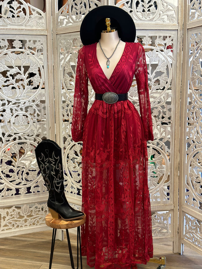 Sheer Embroidered Burgundy Maxi Dress - Estira, Stretchy