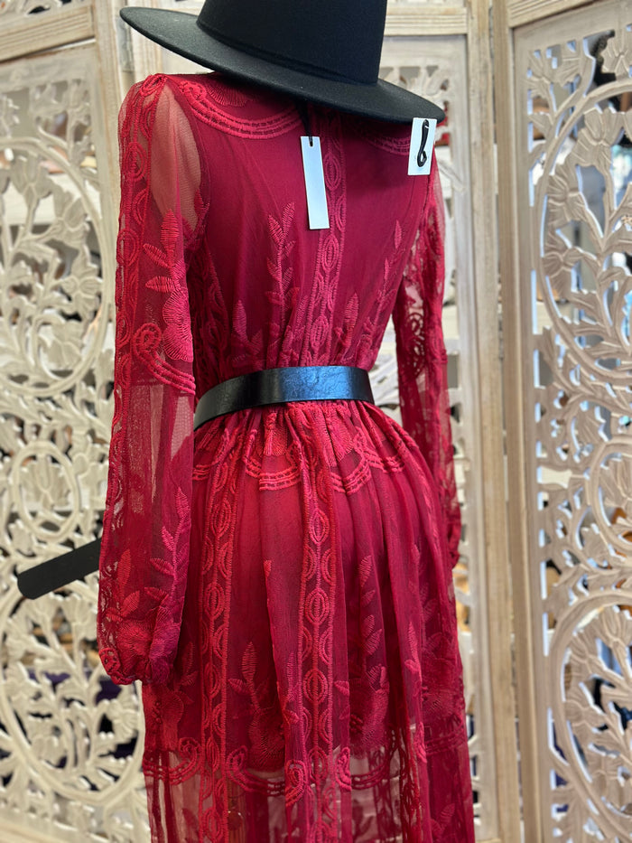 Sheer Embroidered Burgundy Maxi Dress - Estira, Stretchy