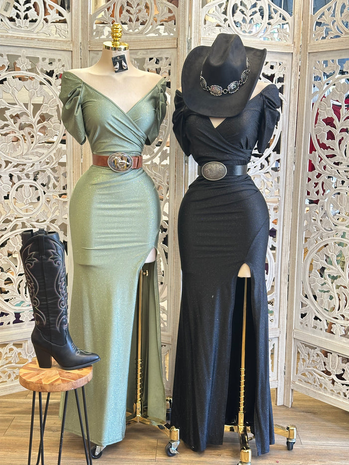 Shimmery Wrapped Slit Dress - Estira, Stretchy