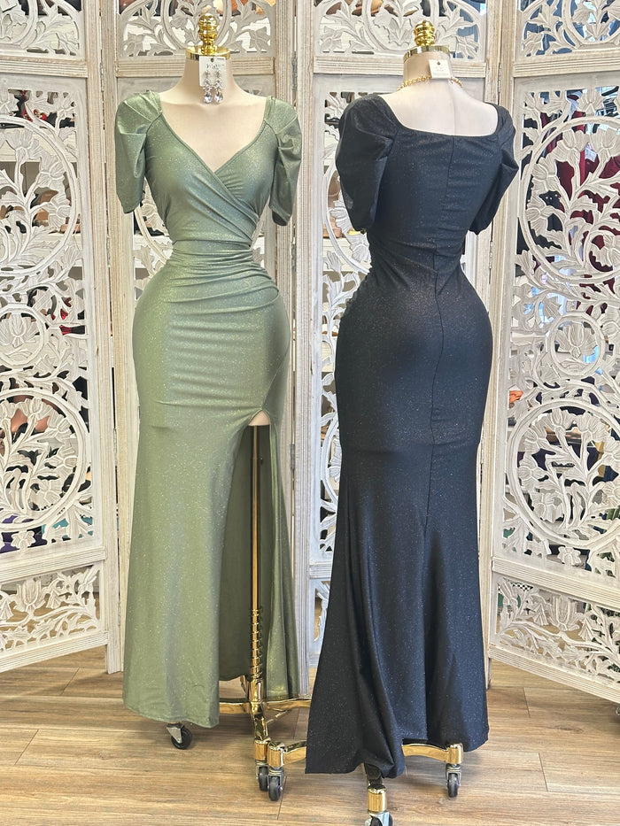 Shimmery Wrapped Slit Dress - Estira, Stretchy