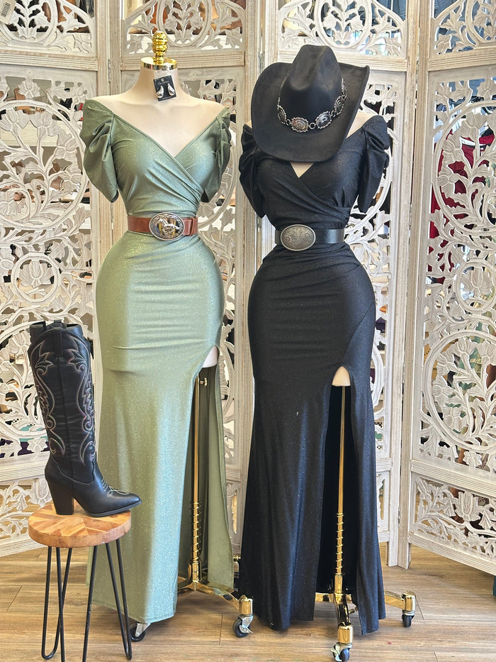 Shimmery Wrapped Slit Dress - Estira, Stretchy