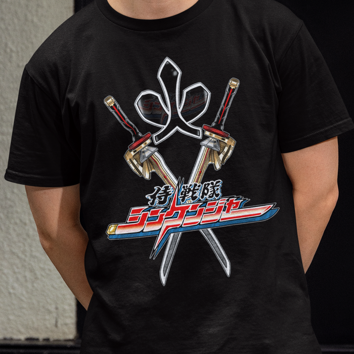 Super Sentai Inspired Shinkenger T shirt featuring Red ranger mask and swords behind logo