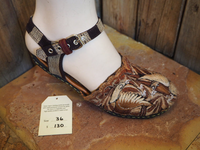 Size 36 Ballerina Sandals - Brown and Gold Birds