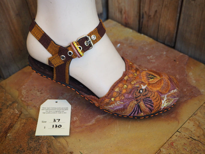Size 37 Ballerina Sandals - Golden Orange Flower and Birds
