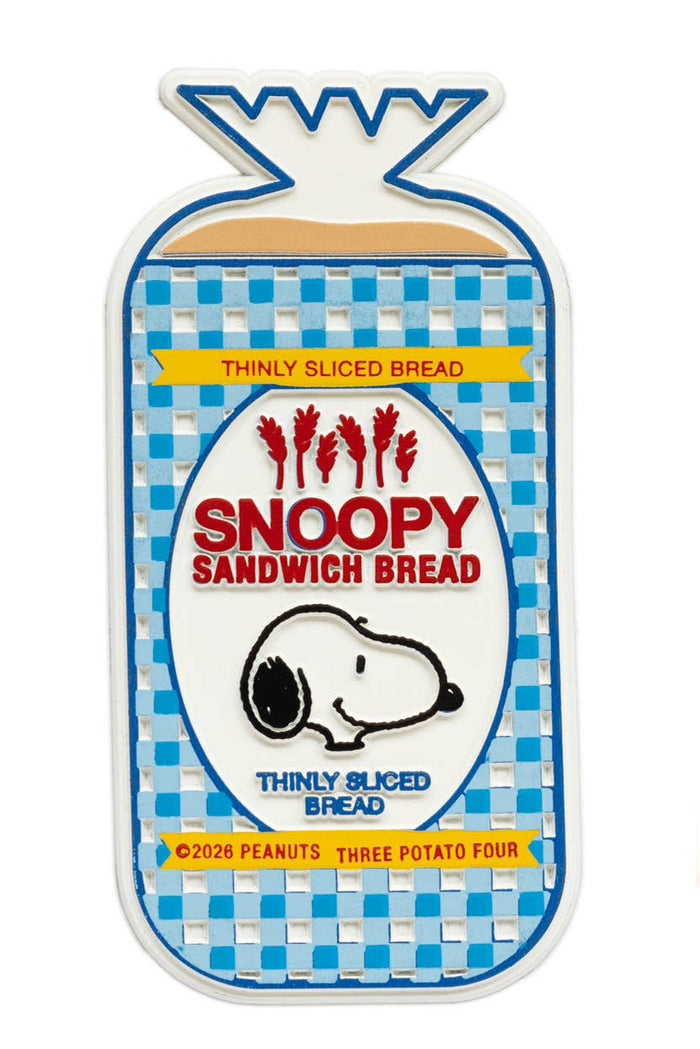 Snoopy sandwich bread packaging with blue checkered pattern on a white background