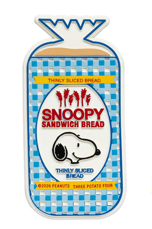Snoopy sandwich bread packaging with blue checkered pattern on a white background