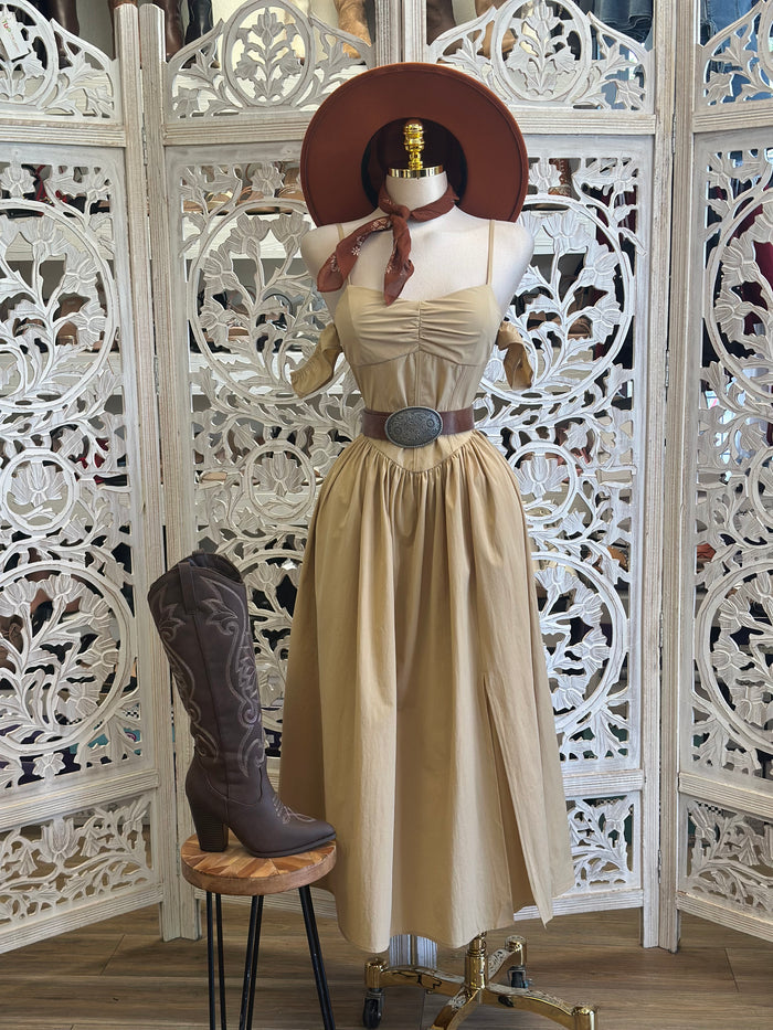 Soft Brown Corset Off Shoulder Midi Dress - Estira Poco, Slightly Stretchy