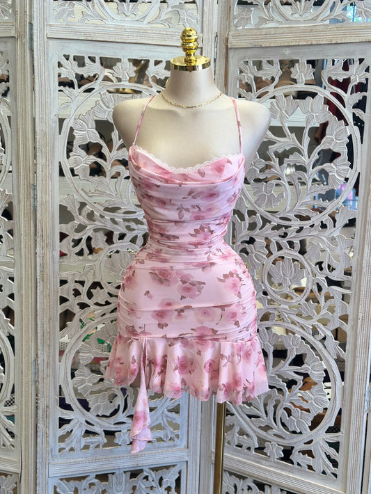 Soft Pink Floral Mini Dress -Stretchy, Estira