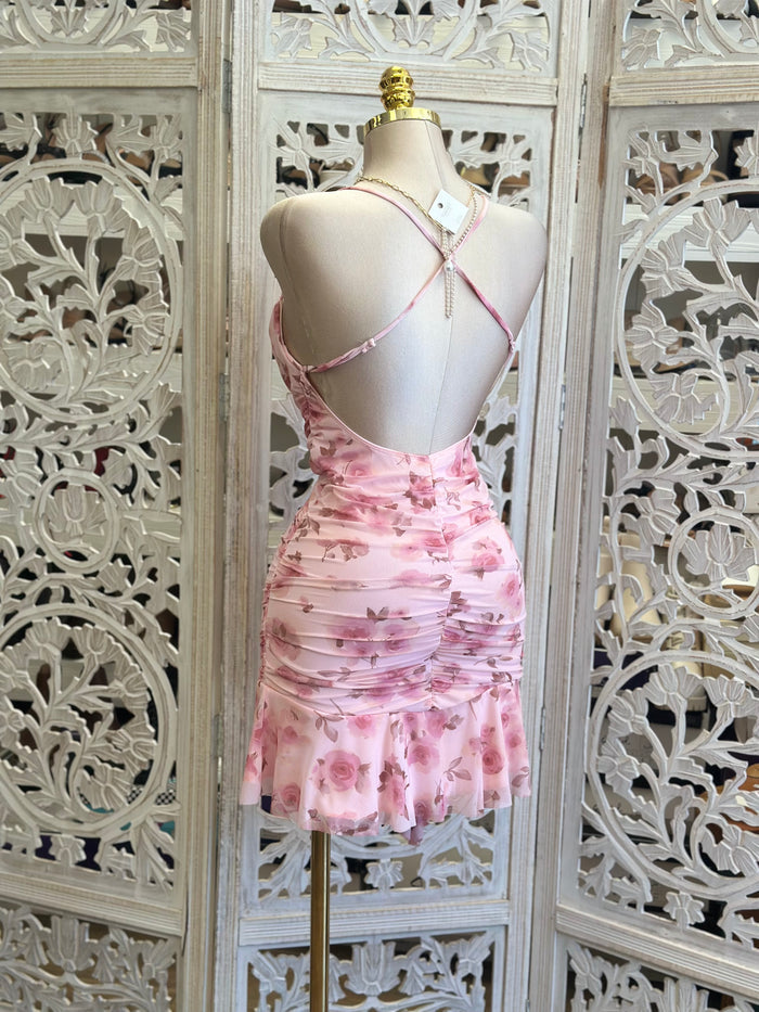 Soft Pink Floral Mini Dress -Stretchy, Estira